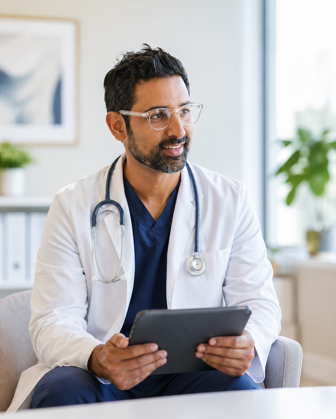 Primary care doctor using a tablet during a consultation with an older adult patient.